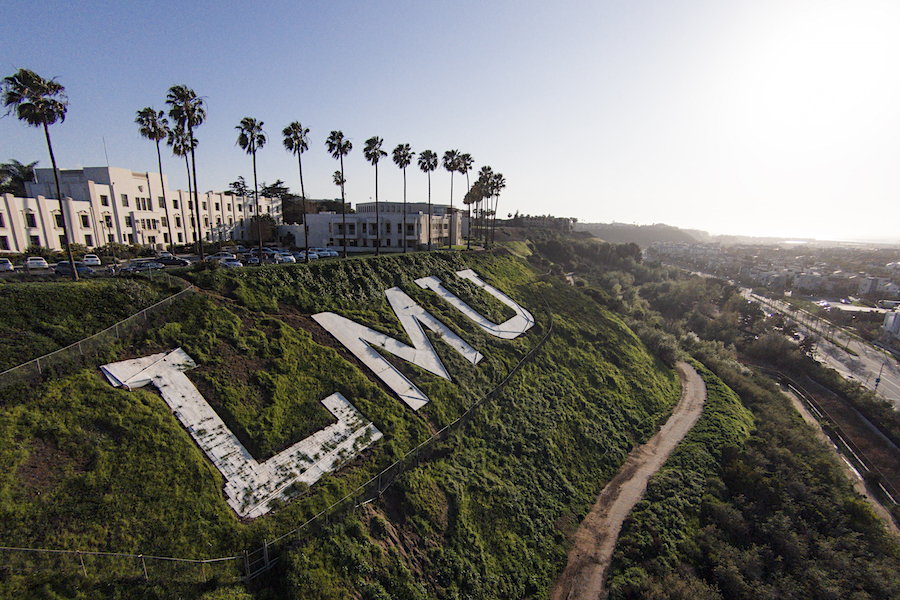 Sunny aerial view of LMU letters on the bluff