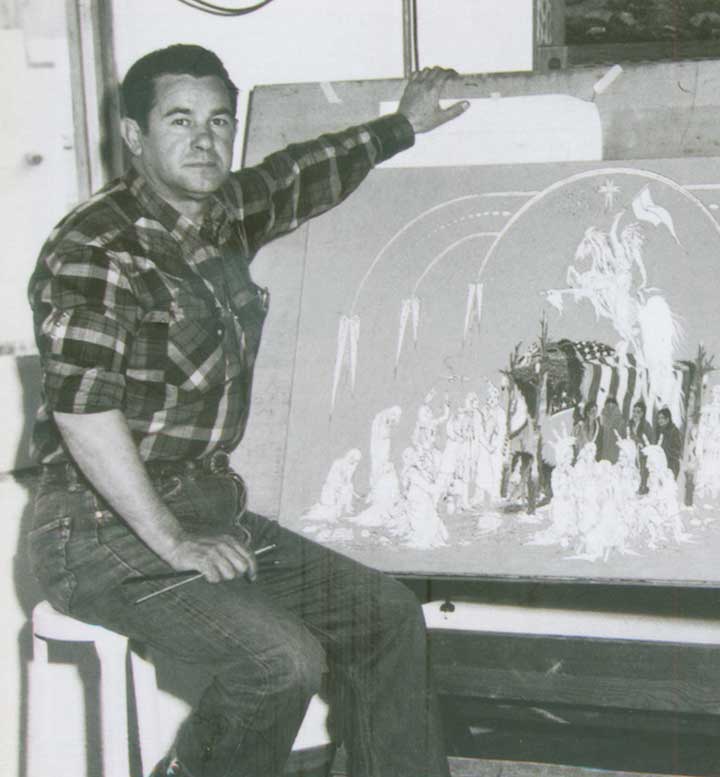Woodrow Wilson Crumbo (Citizen Band Potawatomi/Muscogee) in his studio, Taos, New Mexico, ca. 1955. Photo Courtesy of Minisa Crumbo.