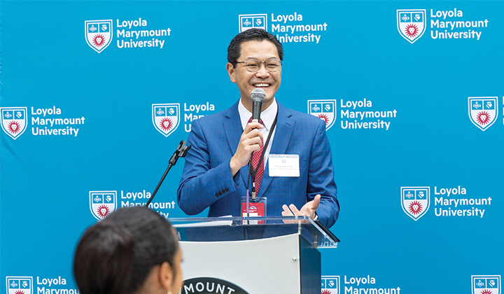 LMU President Thomas Poon speaks at an LMU Event