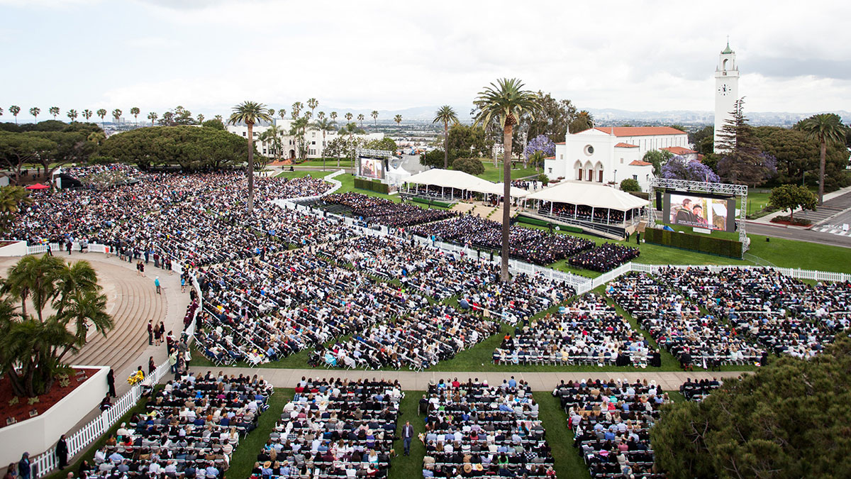 Aerial video of commencement with Sacred Heart Chapel in the distance