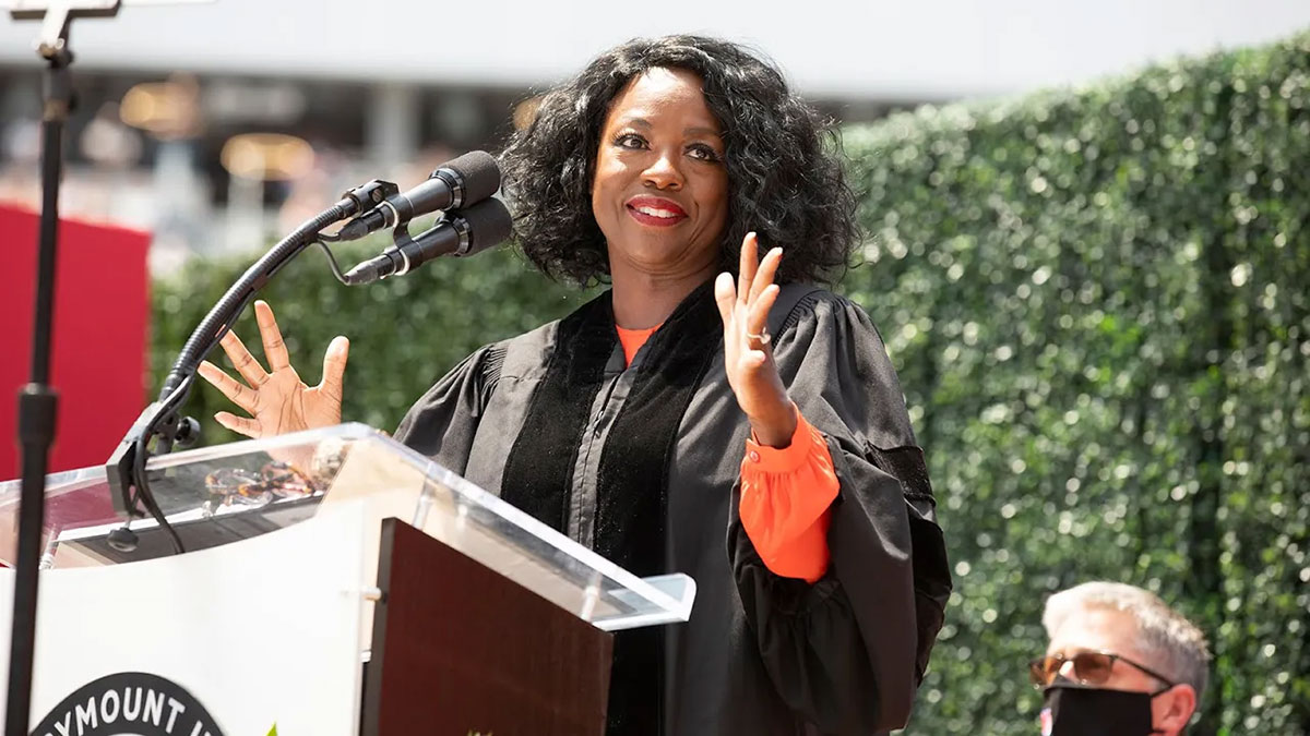 Viola Davis addressing the 2020 and 2021 LMU graduating classes at SoFi Stadium