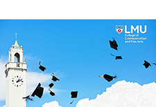A Zoom background with graduation caps thrown in the air in front of the Sacred Heart Chapel clock tower