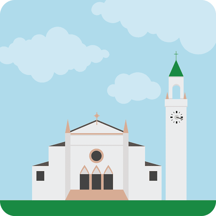 An illustration of Sacred Heart Chapel with animated graduation caps being thrown up into the air in front of it