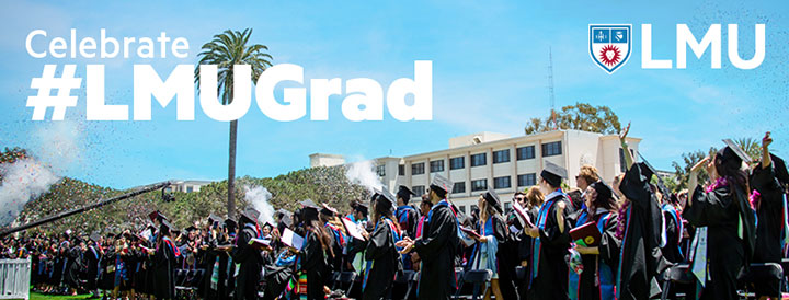 Graduates standing at their seats and cheering upon the conclusion of the graduation ceremony with the words Celebrate hashtag LMUGrad