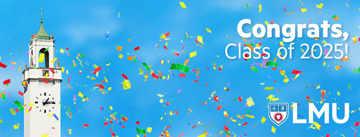 Confetti in the air with the Sacred Heart Chapel Clock Tower in the distance and the words Congrats Class of 2025