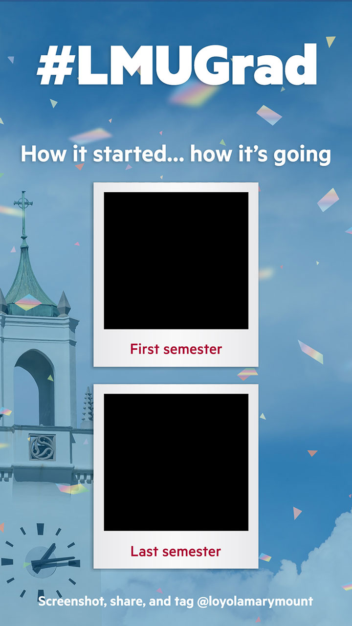 Two blank Polaroid pictures with the words in the first one saying First semester, the words in the second one saying Last semester, and the words above them both saying How it started versus how its going