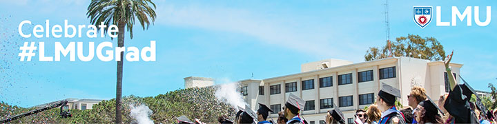 Graduates standing at their seats and cheering upon the conclusion of the graduation ceremony with the words Celebrate hashtag LMUGrad