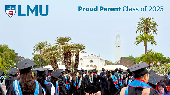Graduates processing into Sunken Garden with Sacred Heart Chapel in the distance and the words Proud Parent Class of 2025
