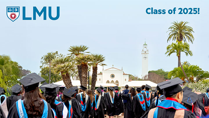 Graduates processing into Sunken Garden with Sacred Heart Chapel in the distance and the words Class of 2025