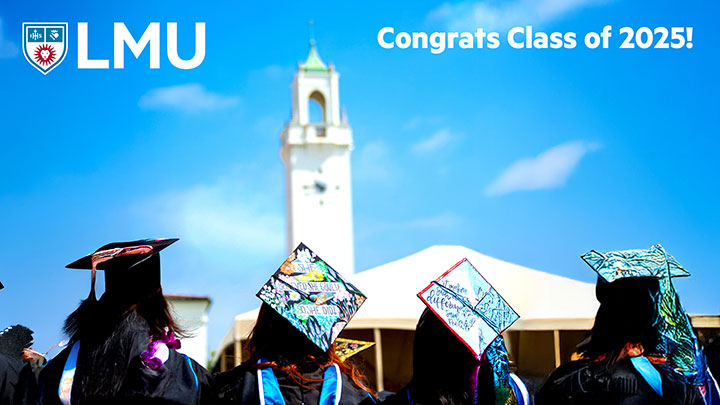 Graduates seated in Sunken Garden during the commencement ceremony with Sacred Heart Chapel in the distance and the words Congrats Class of 2025