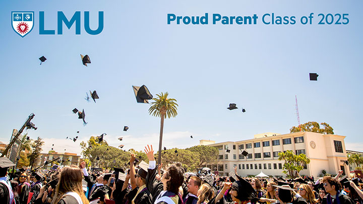 Students throwing their graduation caps in the air with the words Proud Parent Class of 2025