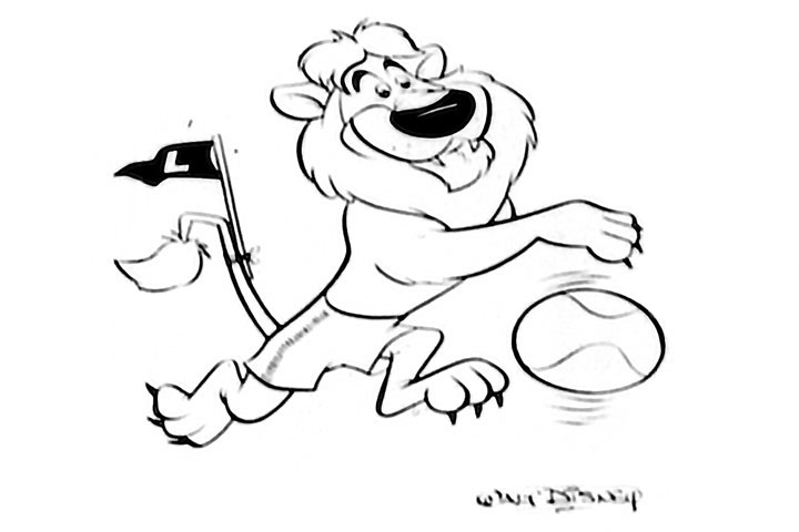 A depiction of Iggy dribbling a basketball with Walt Disney's signature underneath